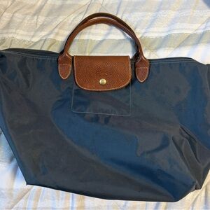Longchamp Blue Tote with Brown Accents